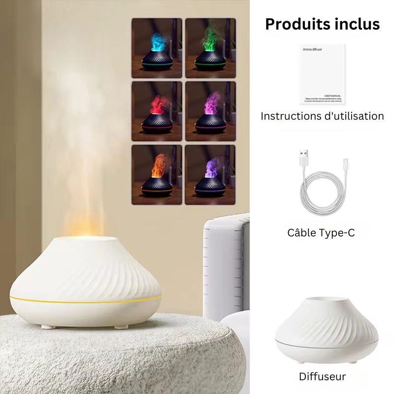 Diffuseur d'Arômes Volcanique et Lampe à Huiles Essentielles - Humidificateur d'Air Portable USB 130 ml avec Lumière Nocturne à Flamme Colorée